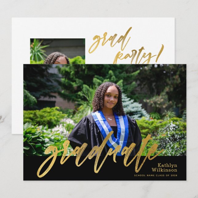 Modern Gold Calligraphy 2 Photo Graduation Invitation (Front/Back)