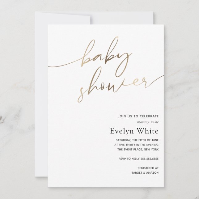 Modern Gold Calligraphy Baby Shower Invitation (Front)