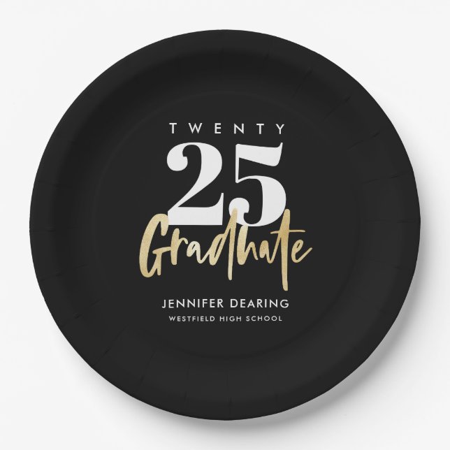 Modern Gold Calligraphy Black Graduation Paper Plate (Front)