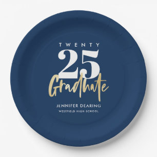 Modern Gold Calligraphy Blue Graduation Paper Plate