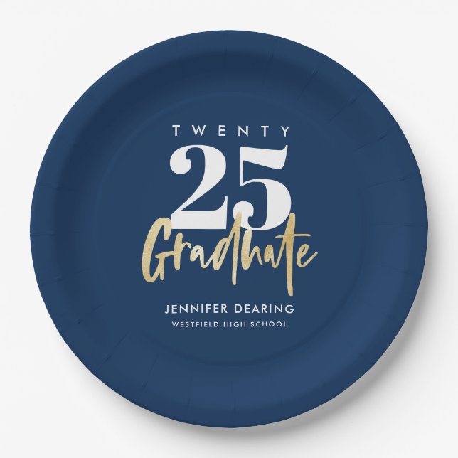 Modern Gold Calligraphy Blue Graduation Paper Plate (Front)