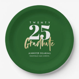 Modern Gold Calligraphy Green Graduation Paper Plate