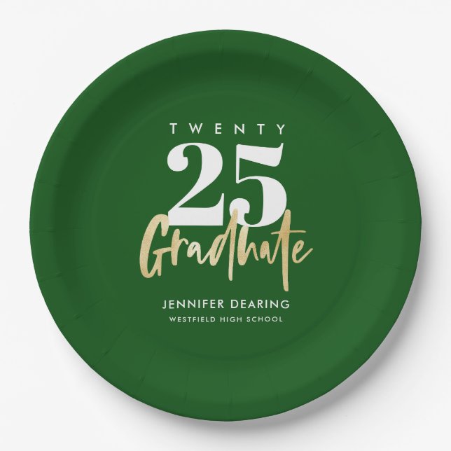 Modern Gold Calligraphy Green Graduation Paper Plate (Front)