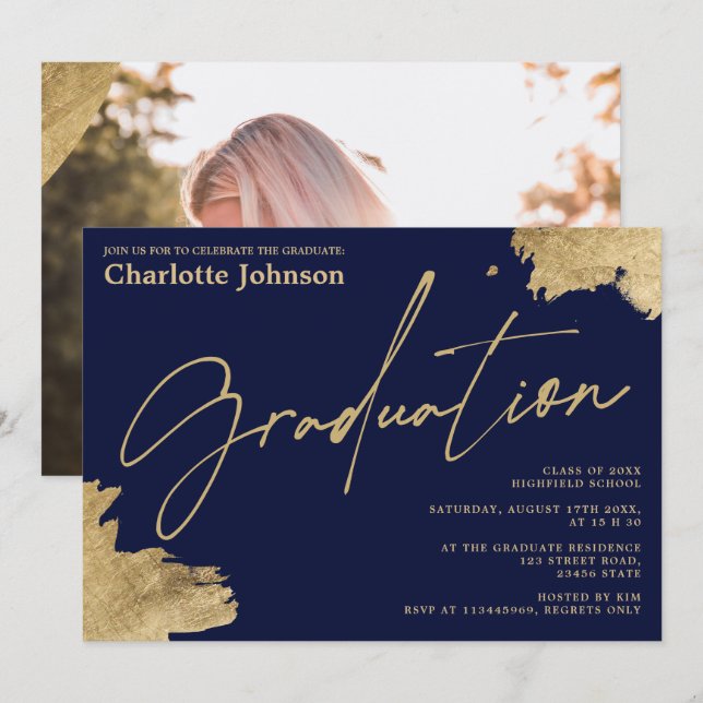 Modern gold calligraphy navy blue photo graduation invitation (Front/Back)