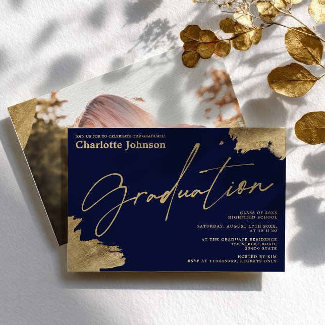 Modern gold calligraphy navy blue photo graduation invitation (Modern gold calligraphy navy blue photo graduation invitation)