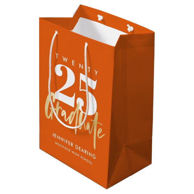 Modern Gold Calligraphy Orange Graduation Medium Gift Bag (Back Angled)