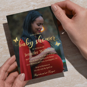 modern gold calligraphy photo baby shower  invitation