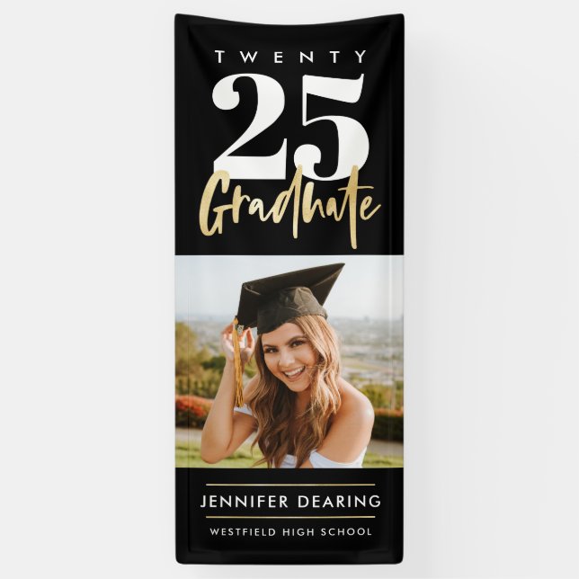 Modern Gold Calligraphy Photo Black Graduation Banner (Vertical)