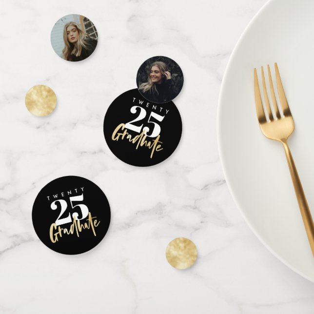 Modern Gold Calligraphy Photo Black Graduation Confetti (Group)
