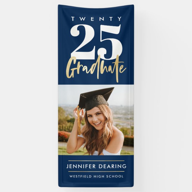 Modern Gold Calligraphy Photo Blue Graduation Banner (Vertical)