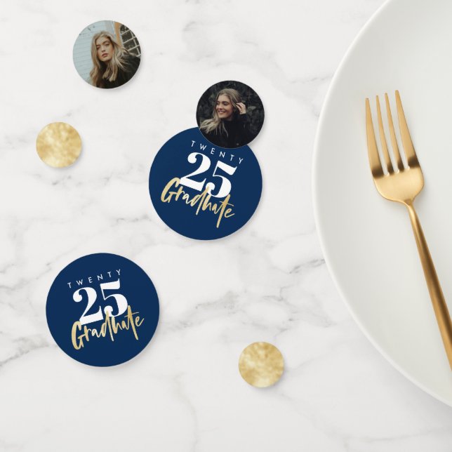 Modern Gold Calligraphy Photo Blue Graduation Confetti (Group)