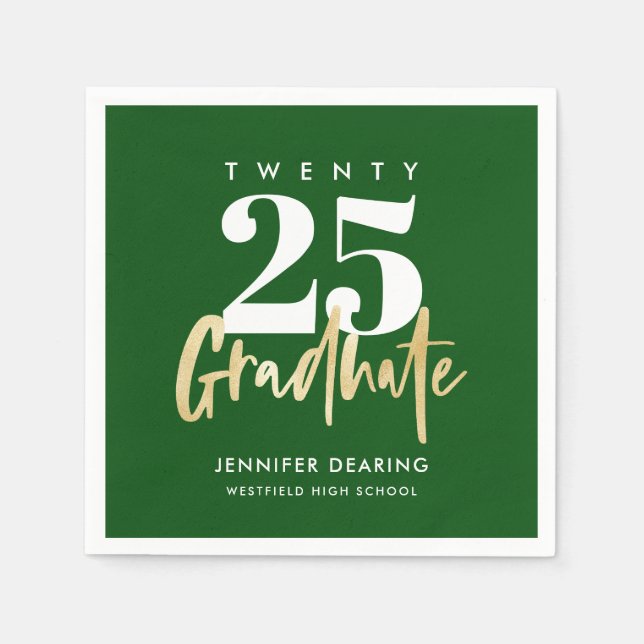 Modern Gold Calligraphy Photo Green Graduation Napkin (Front)