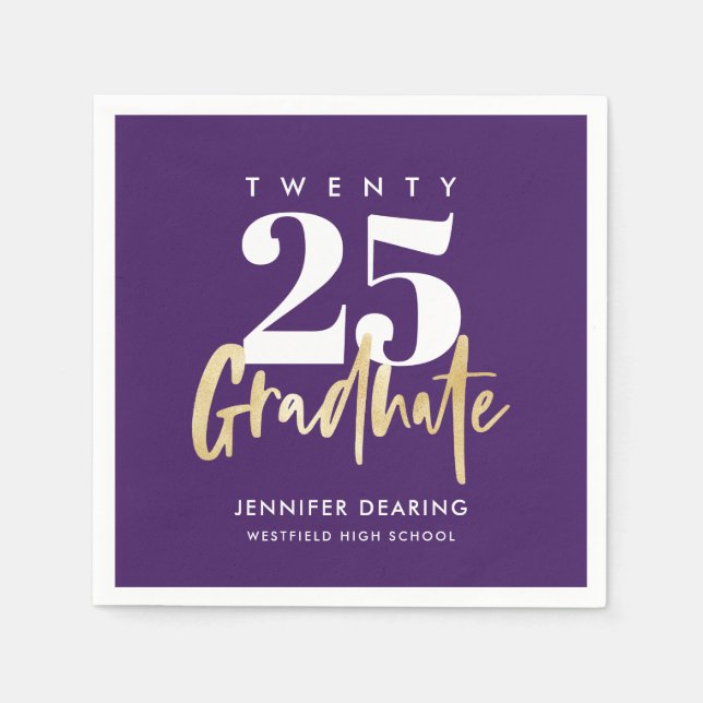 Modern Gold Calligraphy Photo Purple Graduation Napkin (Front)