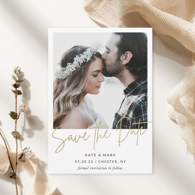 Modern Gold Calligraphy Photo Wedding Save The Date (Creator Uploaded)