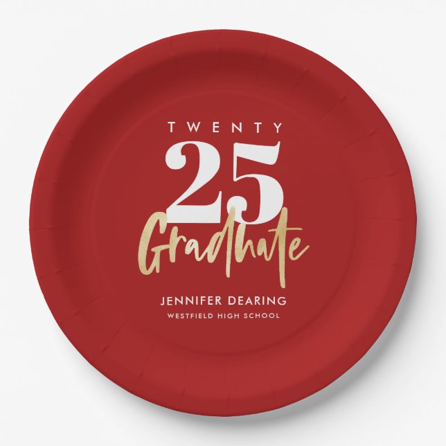 Modern Gold Calligraphy Red Graduation Paper Plate (Front)