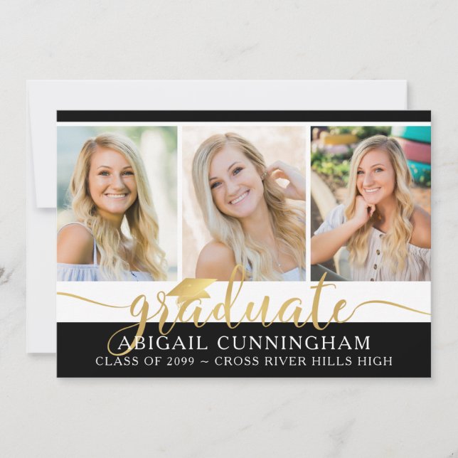 Modern Gold Calligraphy Script 4 Photo Graduation Announcement (Front)