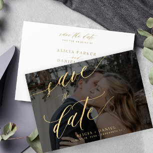 Modern gold calligraphy script photo wedding save the date