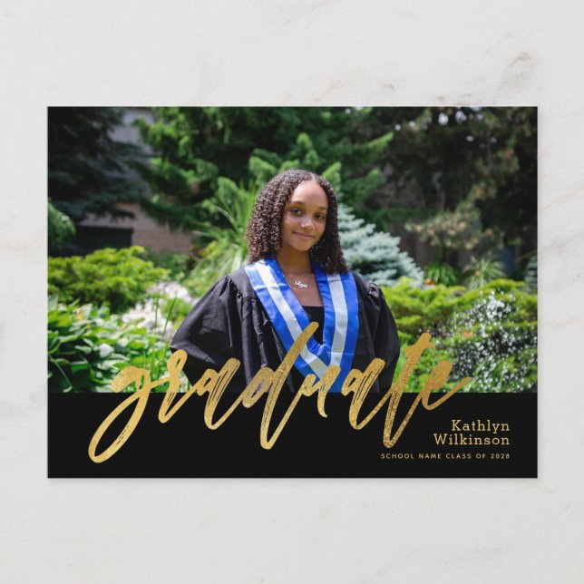 Modern Gold Calligraphy Simple Photo Graduation Invitation Postcard (Front)