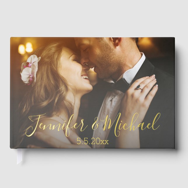 modern gold calligraphy wedding faded photo guest book (Front)