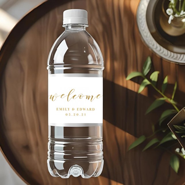 Modern Gold Calligraphy Wedding Favour Welcome Water Bottle Label (Creator Uploaded)