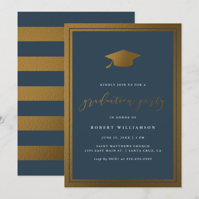 Modern Gold Cap & Navy Graduation Party Invitation (Front/Back)