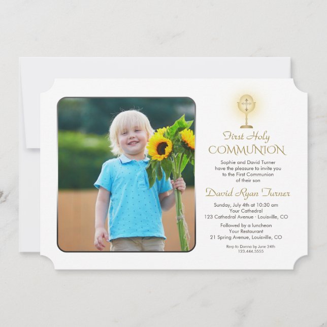 Modern Gold Chalice Photo Boy 1st Holy Communion  Invitation (Front)