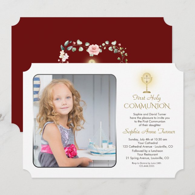 Modern Gold Chalice Photo Girl Holy Communion Invitation (Front/Back)