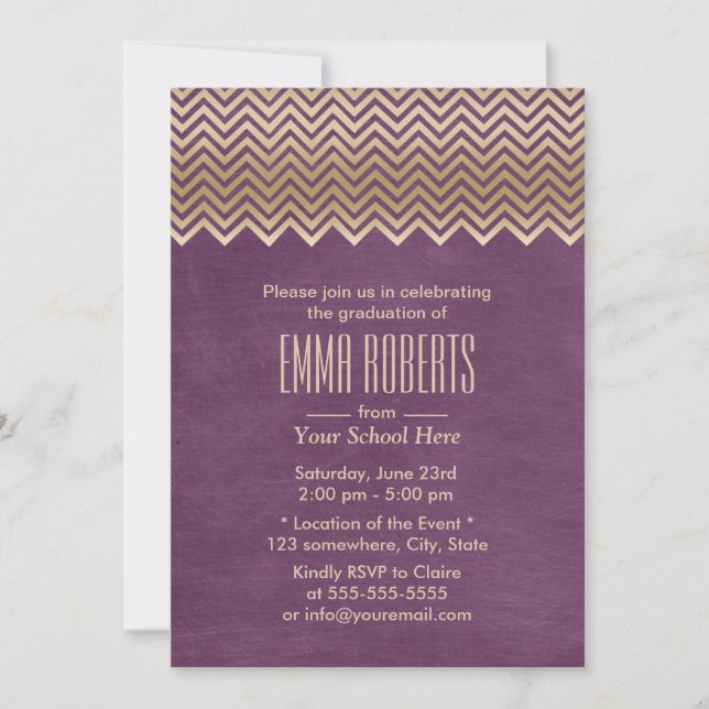 Modern Gold Chevron Stripes Purple Graduation Invitation (Front)