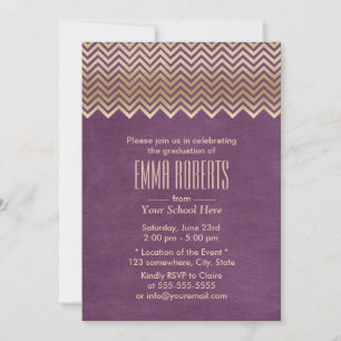 Modern Gold Chevron Stripes Purple Graduation Invitation
