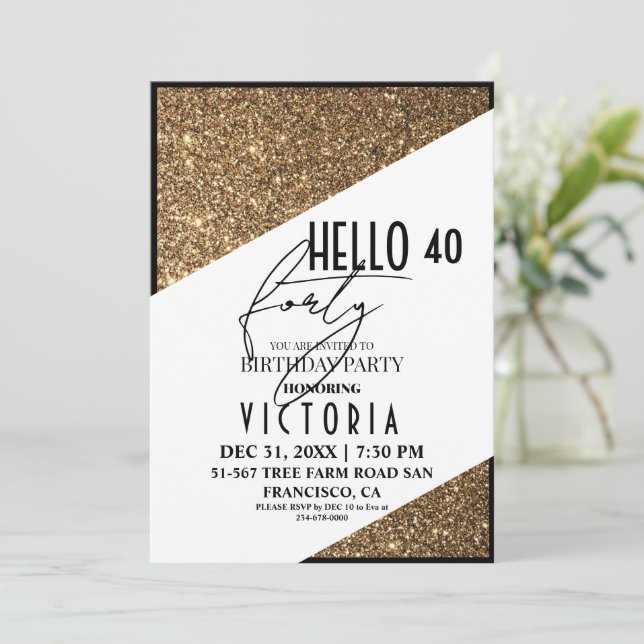 Modern Gold Chic 40th Birthday Party Invitation (Standing Front)