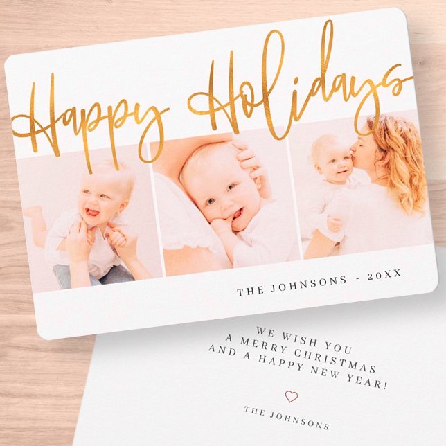 Modern Gold Christmas Greeting Three Photo Holiday Card (Creator Uploaded)
