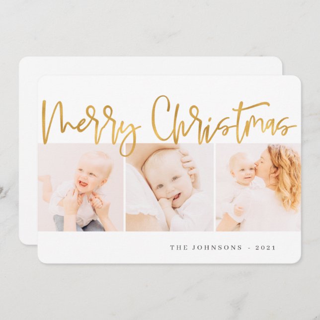 Modern Gold Christmas Greeting Three Photo Holiday Card (Front/Back)