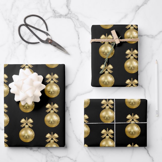 Modern Gold Christmas Ornaments Black Wrapping Paper Sheet (Front)