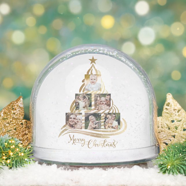 Modern Gold Christmas Tree Family Photo Snow Globe (Creator Uploaded)