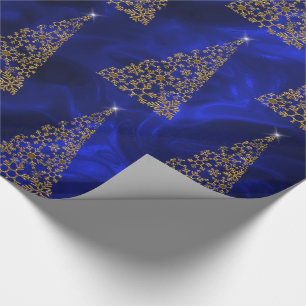 Modern Gold Christmas Trees on Blue Silk Wrapping Paper