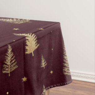 Modern Gold Christmas trees pattern on burgundy Tablecloth