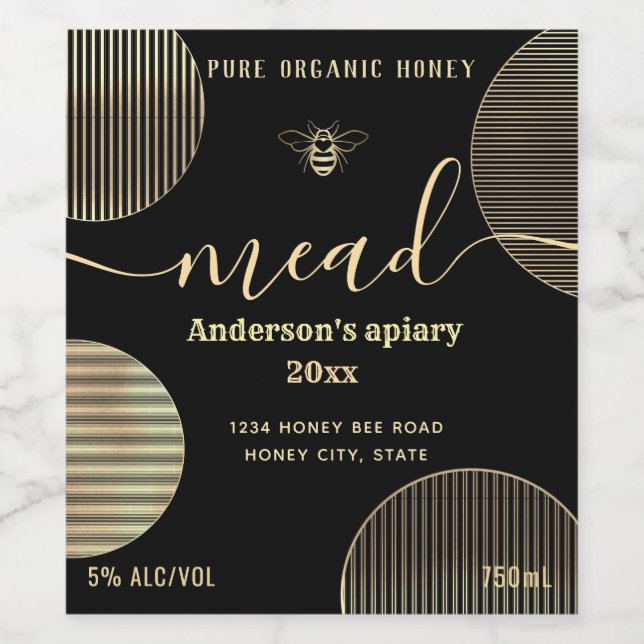 Modern gold circles mead honey bee wine label (Single Label)