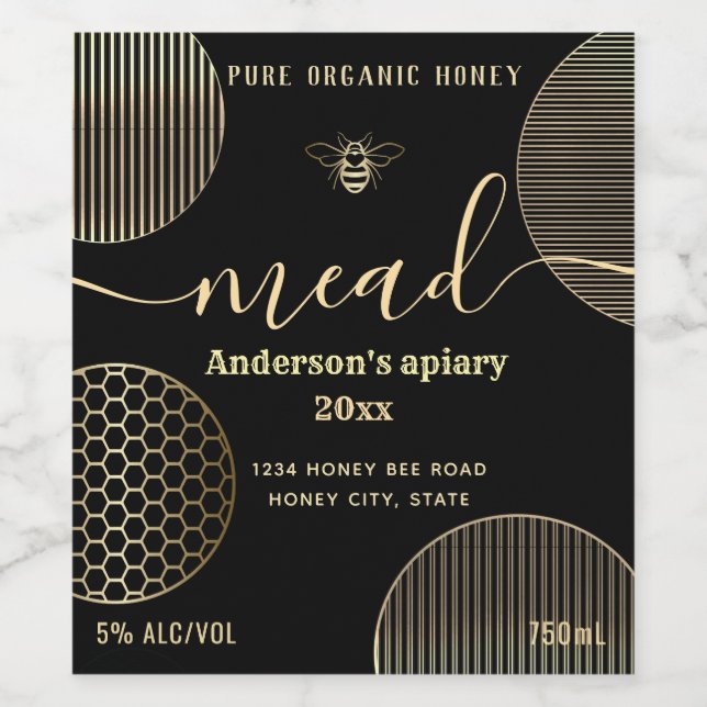 Modern gold circles mead honey bee wine label (Single Label)