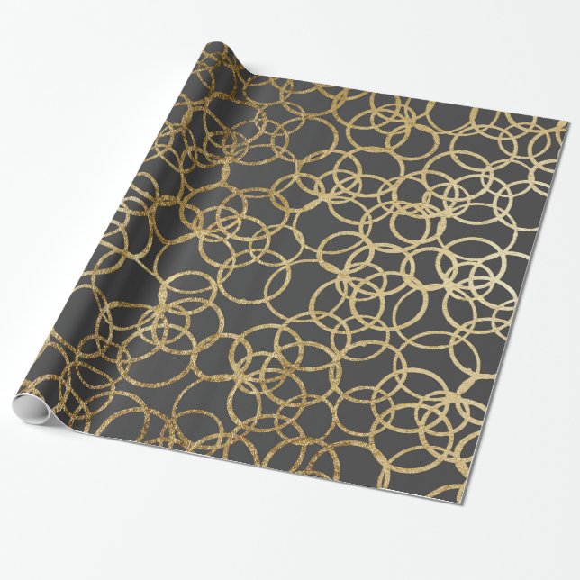 Modern Gold Circles on Charcoal Black Wrapping Paper (Unrolled)