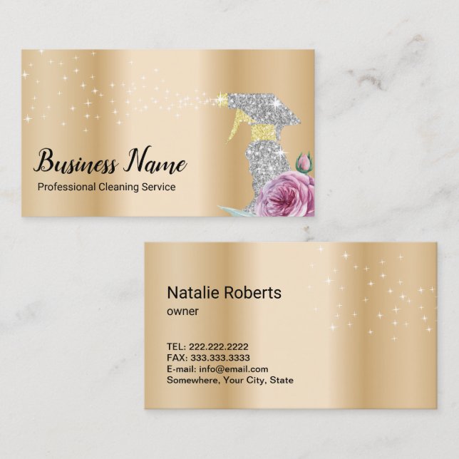 Modern Gold Cleaning Service Silver Spray Floral B Business Card (Front/Back)