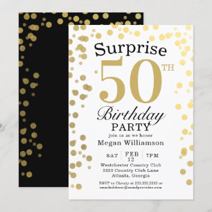 Modern Gold Confetti Black Surprise 50th Birthday Invitation
