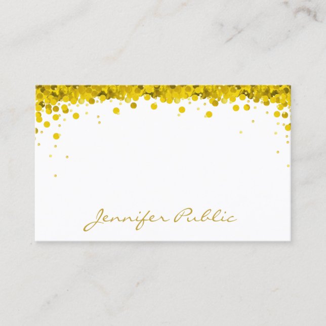Modern Gold Confetti Hand Script Text Template Business Card (Front)