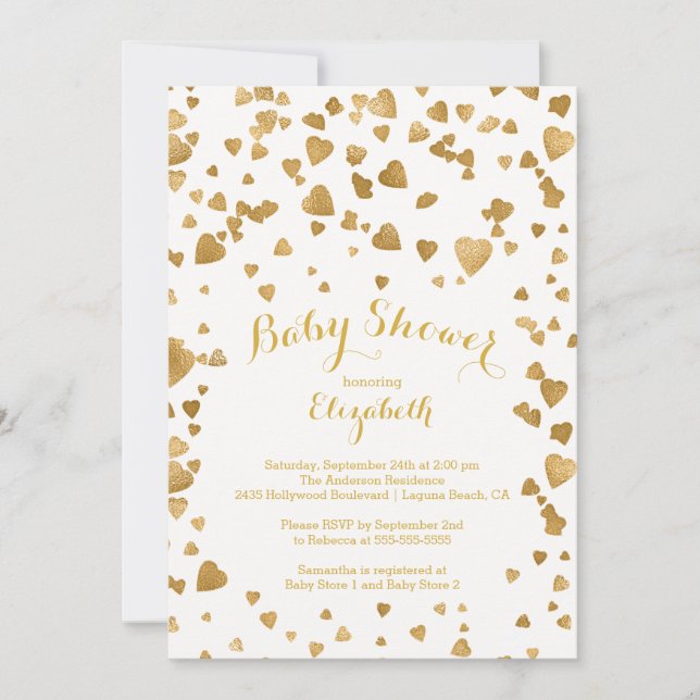 Modern Gold Confetti Hearts Baby Shower Invitation (Front)