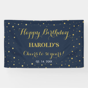 Modern Gold Confetti Navy 50th Birthday Backdrop Banner