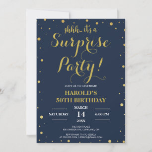 Modern Gold Confetti Navy 50th Surprise Birthday Invitation