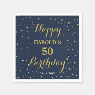 Modern Gold Confetti Navy 50th Surprise Birthday Napkin