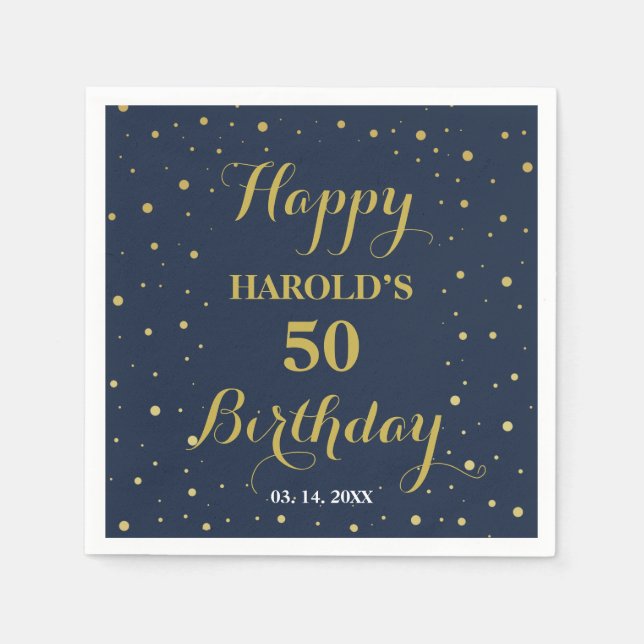Modern Gold Confetti Navy 50th Surprise Birthday Napkin (Front)