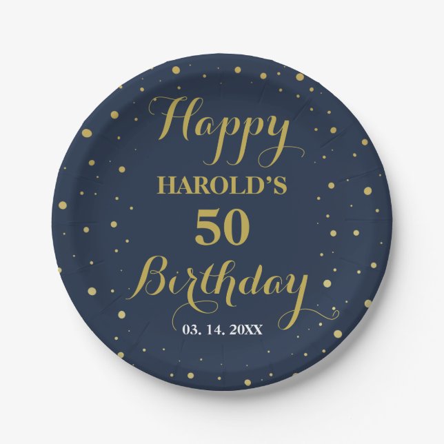 Modern Gold Confetti Navy 50th Surprise Birthday Paper Plate (Front)