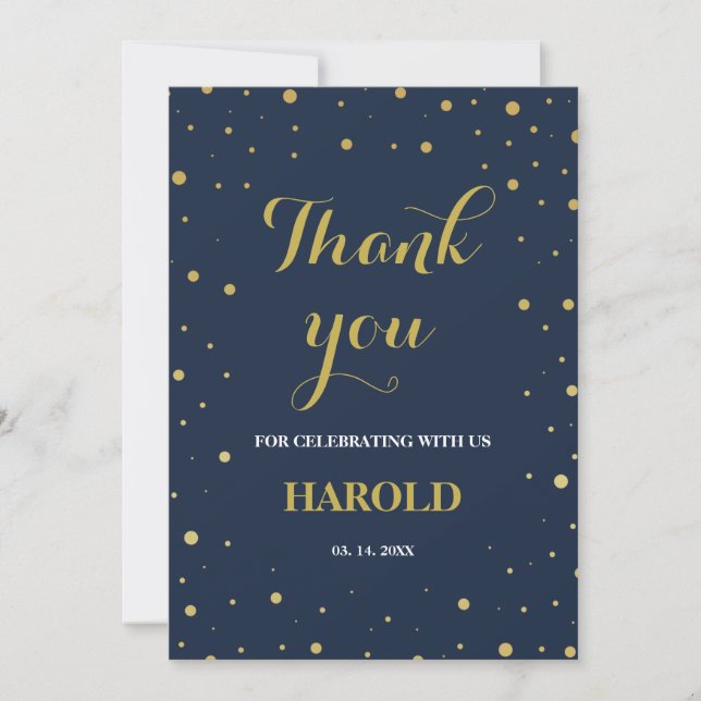 Modern Gold Confetti Navy 50th Surprise Birthday Thank You Card (Front)