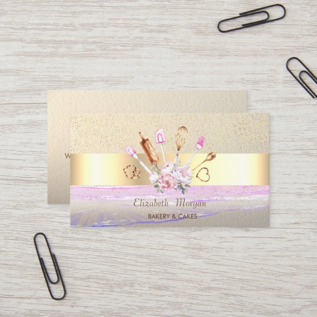 Modern Gold Confetti,Stripe,Bakery Tools Business Card (Front/Back In Situ)